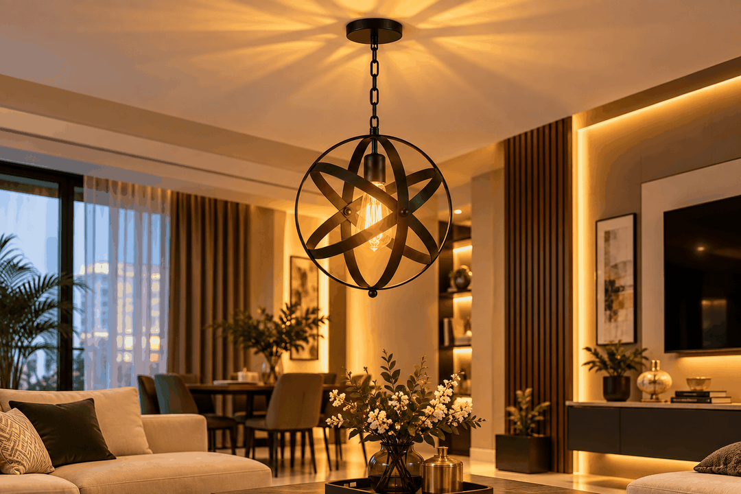 Black spherical pendant light with intersecting rings above a dining area