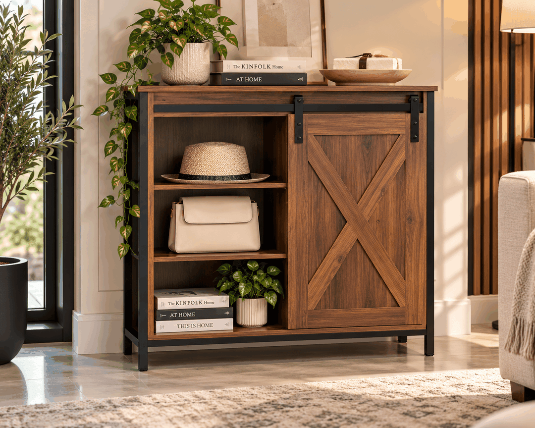 Brown side cabinet with a sliding barn-style door and open storage shelves