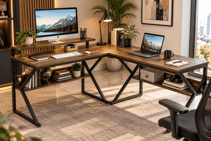 L-shaped brown computer desk with a black frame and lower storage shelves