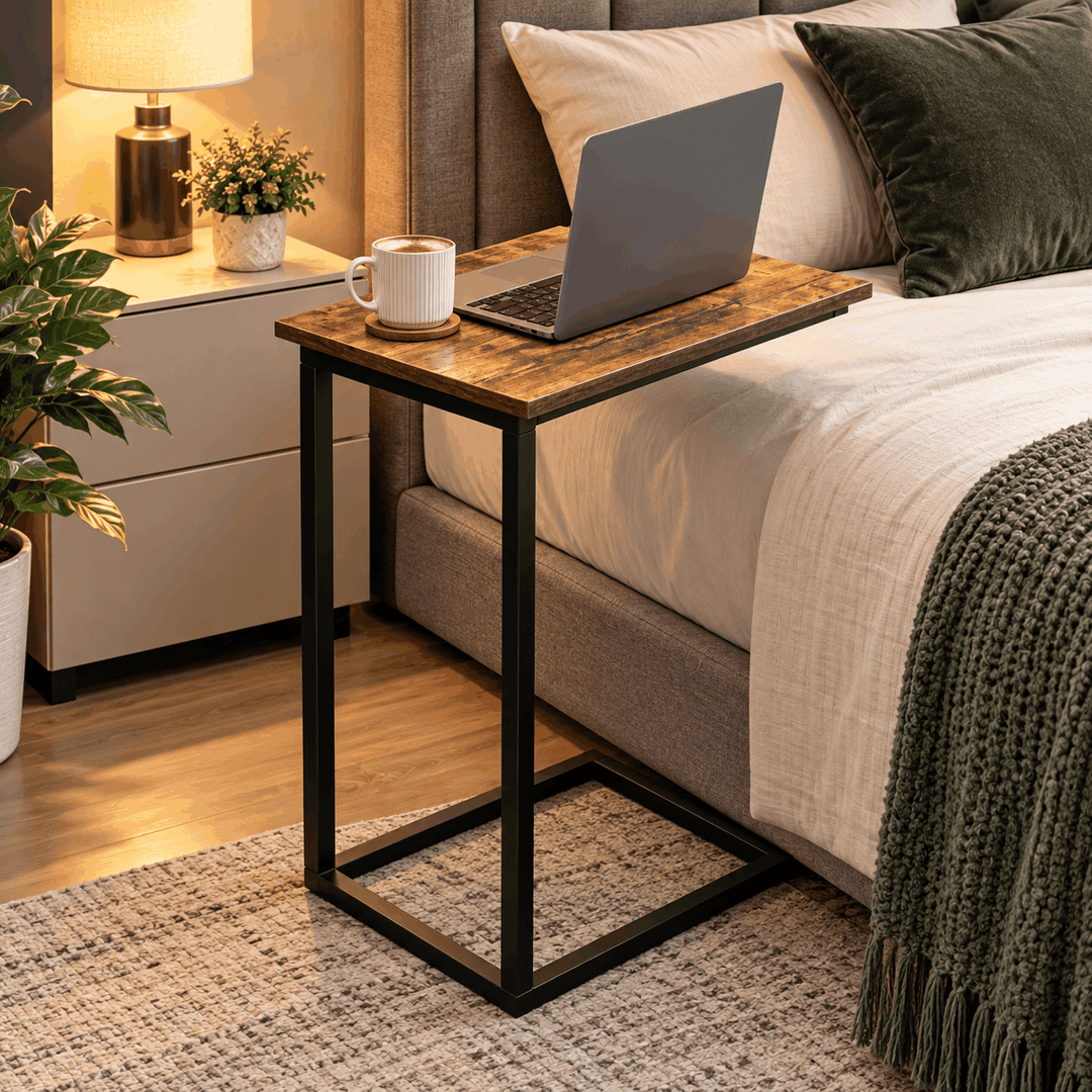 Brown-topped C-shaped laptop table with a black frame beside a bed