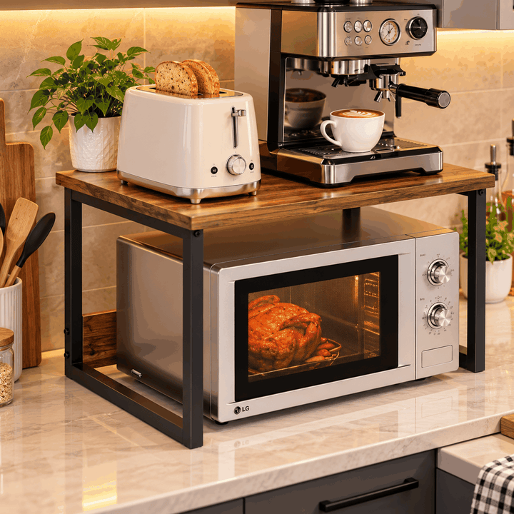 Brown and black countertop microwave rack with a toaster and coffee machine above