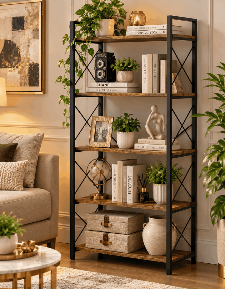 Tall brown bookcase with a black cross-braced frame holding books and decor