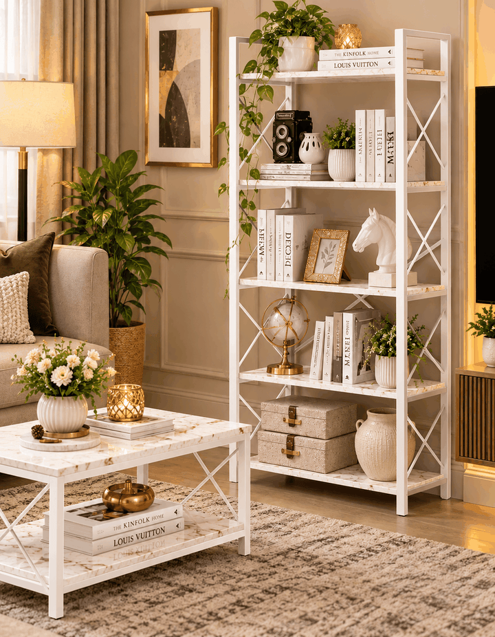 White cross-braced bookcase holding books and decor beside a sofa
