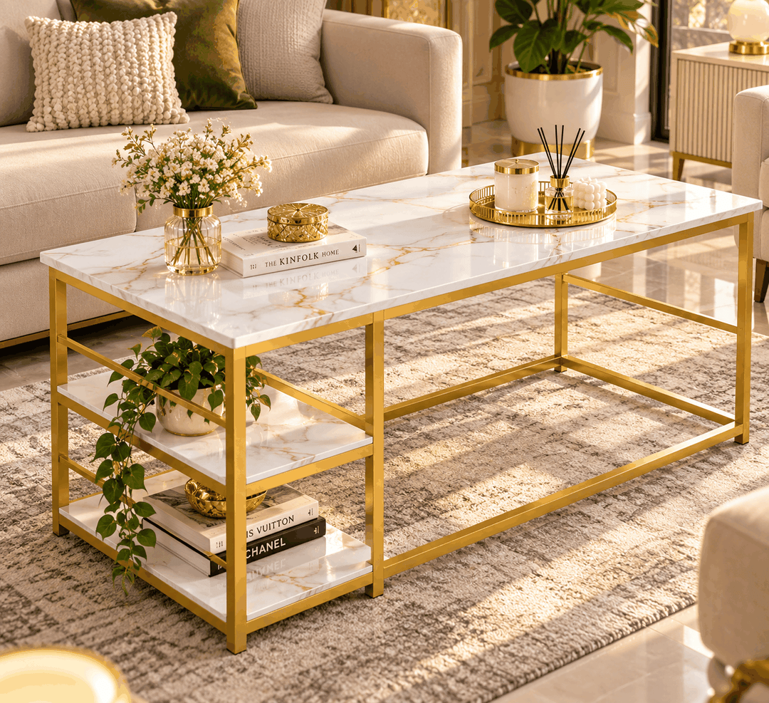 AVE Gold table with a white marble-look top, gold frame and lower shelf in a living room