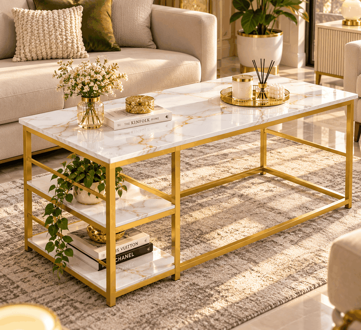 AVE Gold table with a white marble-look top, gold frame and lower shelf in a living room