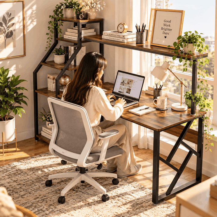 Brown desk with a black frame and upper storage shelf in a home office