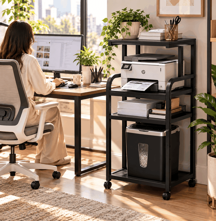 Black wheeled printer stand with brown shelves beside a home-office desk