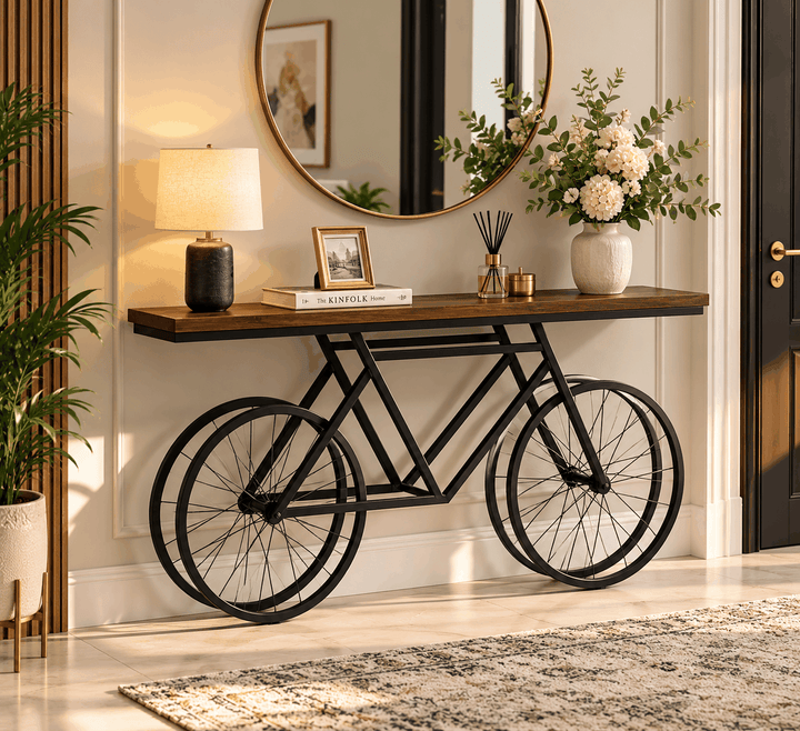 Brown-topped console table with a black bicycle-shaped base beneath a mirror