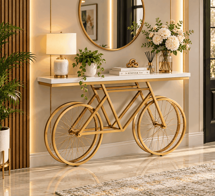 White-topped console table with a gold bicycle-shaped base beneath a mirror