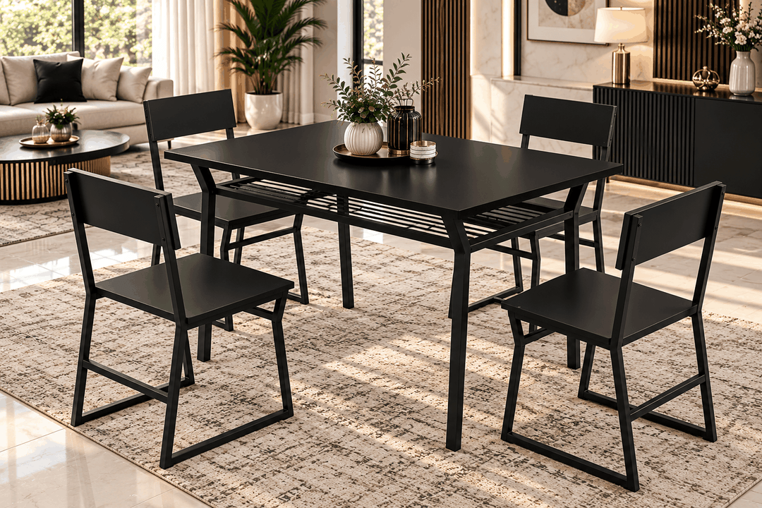 Black rectangular dining table with four matching black chairs