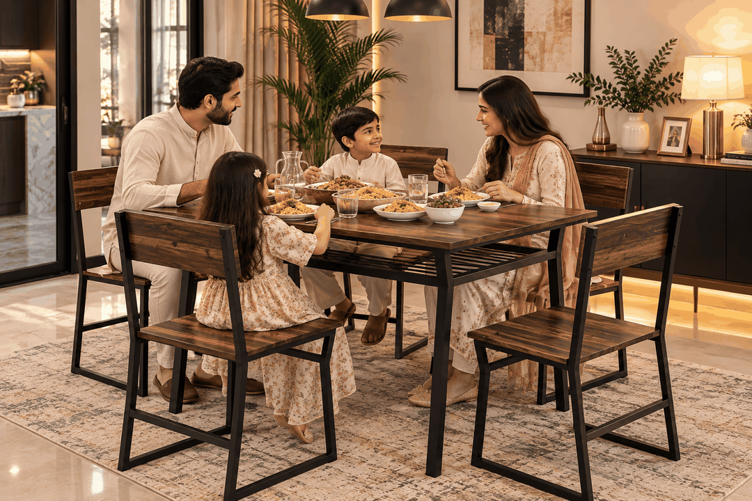 Brown dining table and black-framed chairs shown in use in a dining room