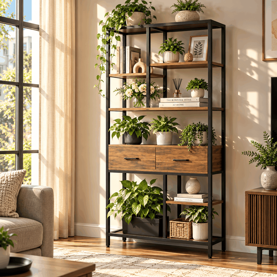 Tall bookcase with brown shelves, two drawers and a black frame