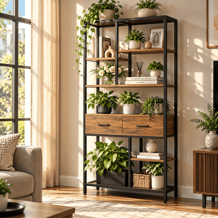 Tall bookcase with brown shelves, two drawers and a black frame