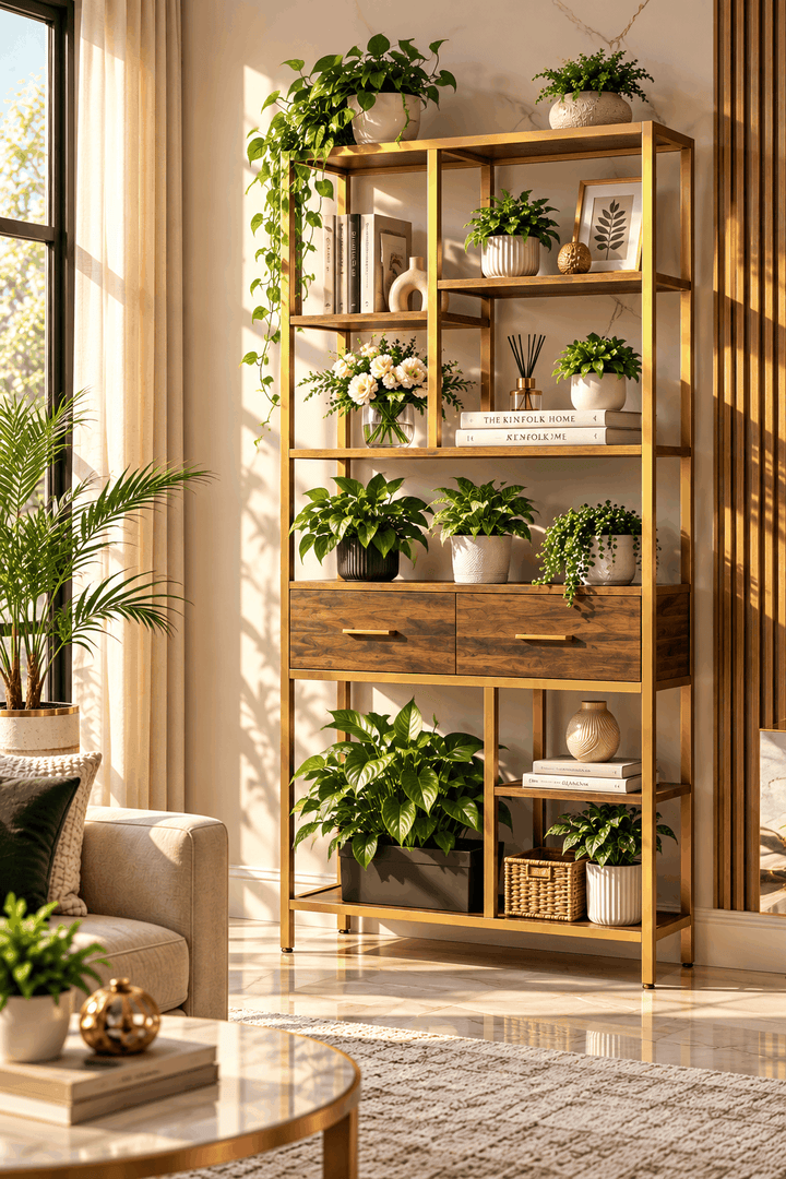 Tall bookcase with brown shelves, two drawers and a gold frame
