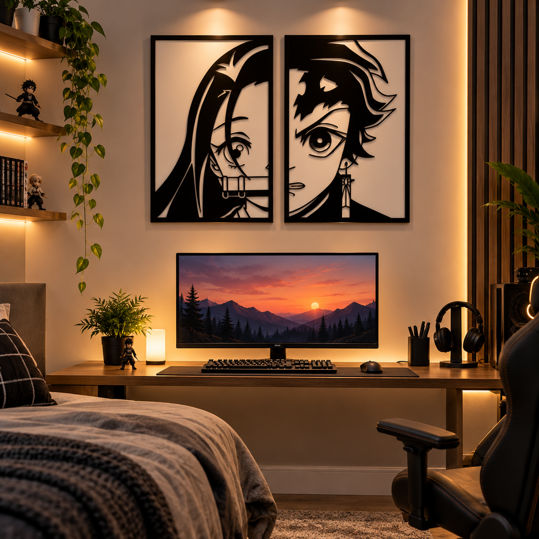 Two black Tanjiro and Nezuko wall-art panels above a monitor in a warm-lit gaming bedroom