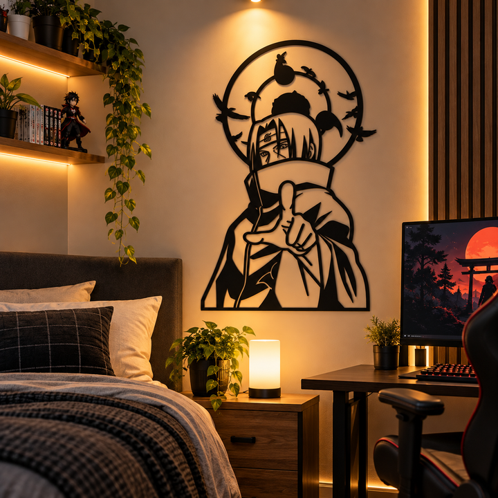 Black Itachi Uchiha wall art with crows displayed beside a bed and gaming desk