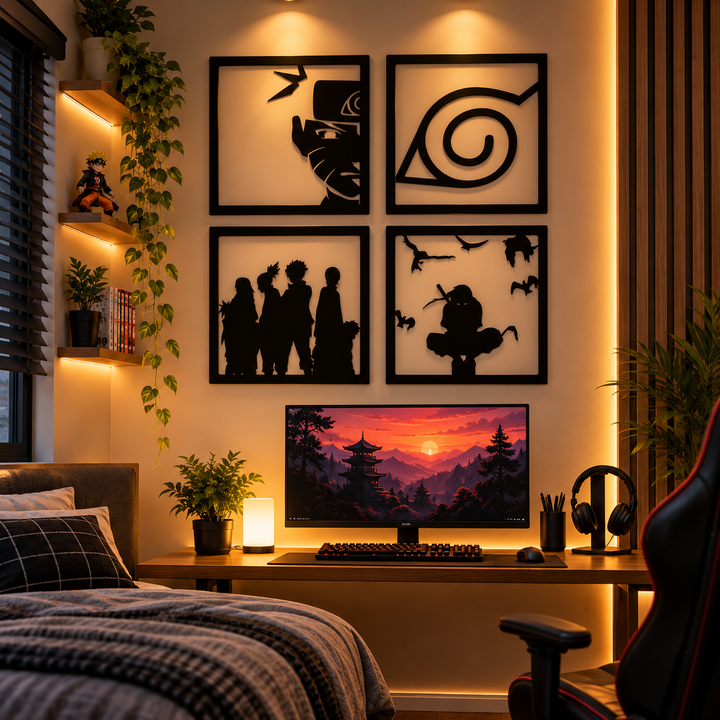 Four black Naruto-themed wall-art panels with character silhouettes and a Leaf Village symbol above a gaming desk