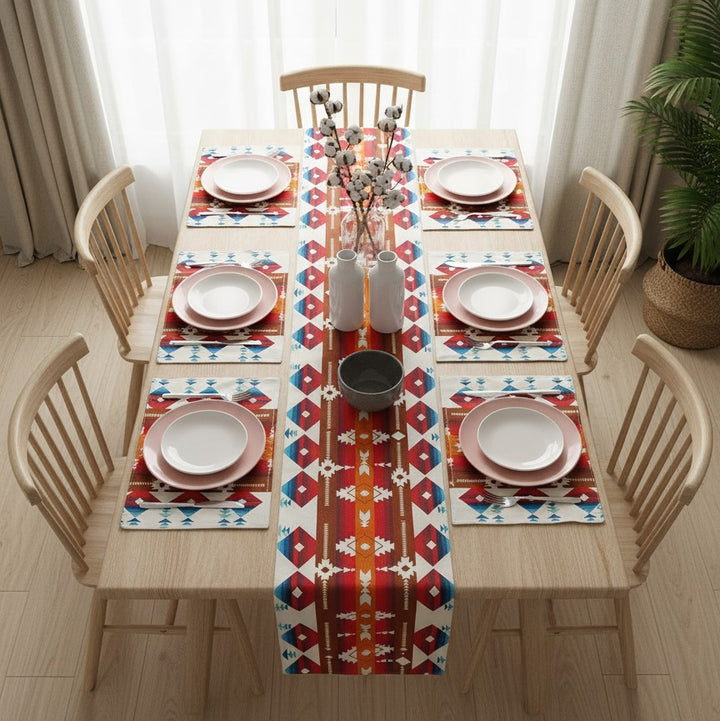 Red geometric table runner with matching placemats for six