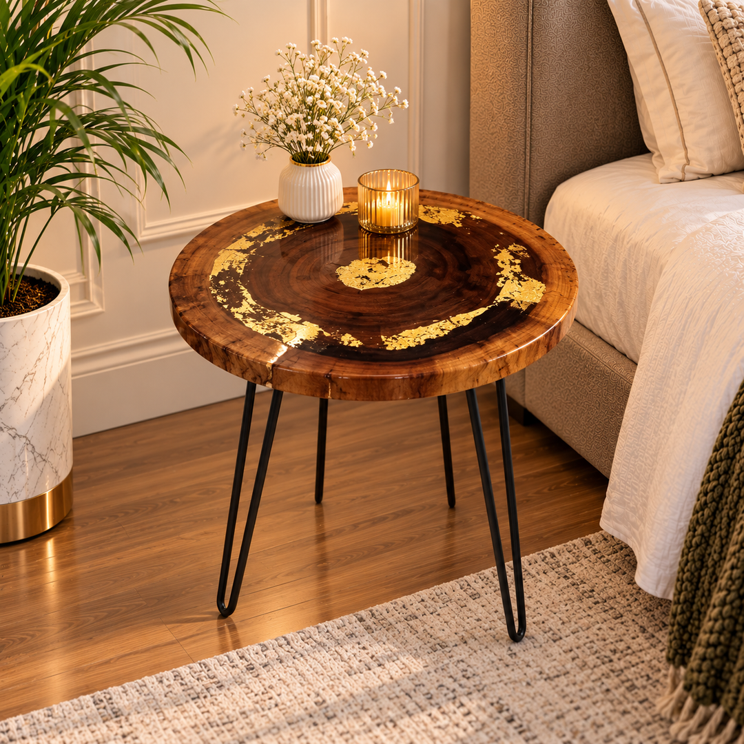 Wooden Log Table Billet with Wood Legs (Golden Epoxy Stripes Build)