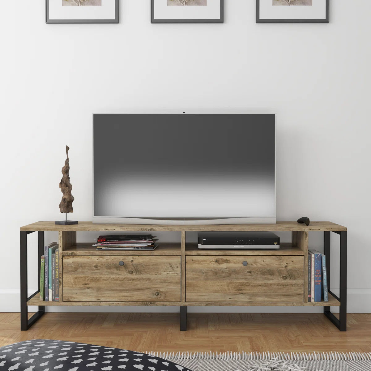 Lotuseey Industrial TV Stand LED Rustic Media Console Table