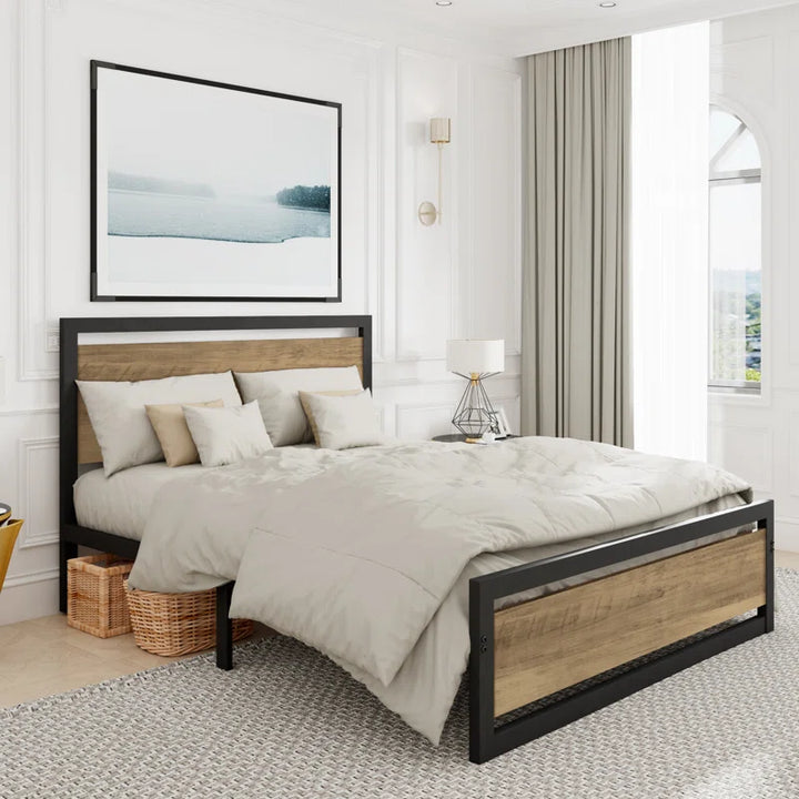 Marilee Wood and Black Metal Frame Low Platform Bed