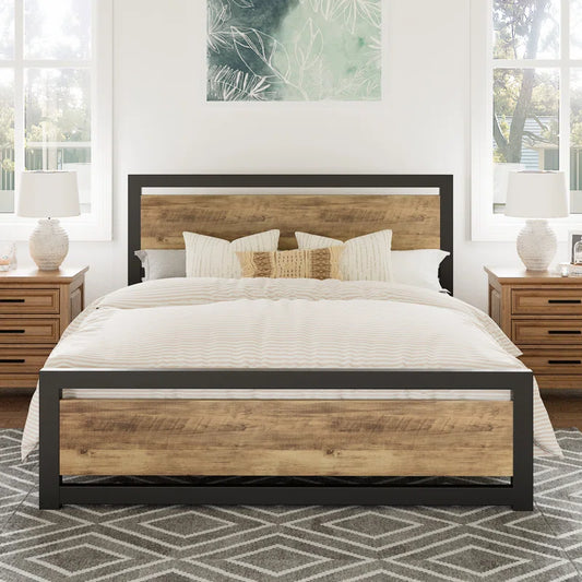 Marilee Wood and Black Metal Frame Low Platform Bed