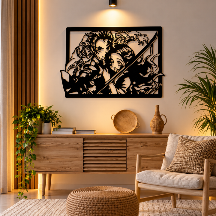 Black Tanjiro and Nezuko wall frame above a wooden sideboard in a living room
