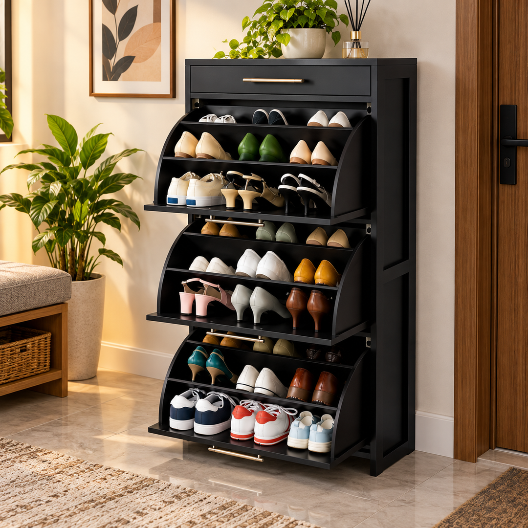 3 Tier Rolling Door Wooden Shoe Rack