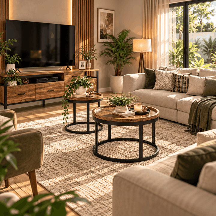 Two round brown-topped nesting coffee tables with black frames in a living room