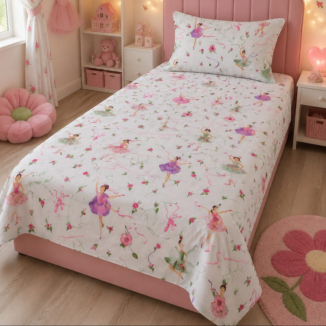 White kids single bed sheet with ballerinas in tutus, roses and ribbons