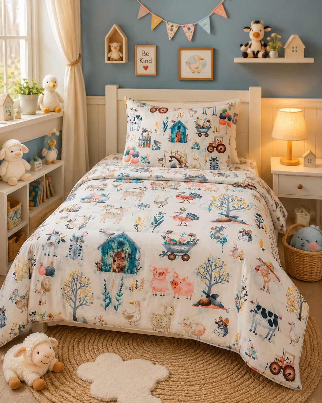 Pastel kids single bed sheet with pig, cow, sheep, duck and tractor print