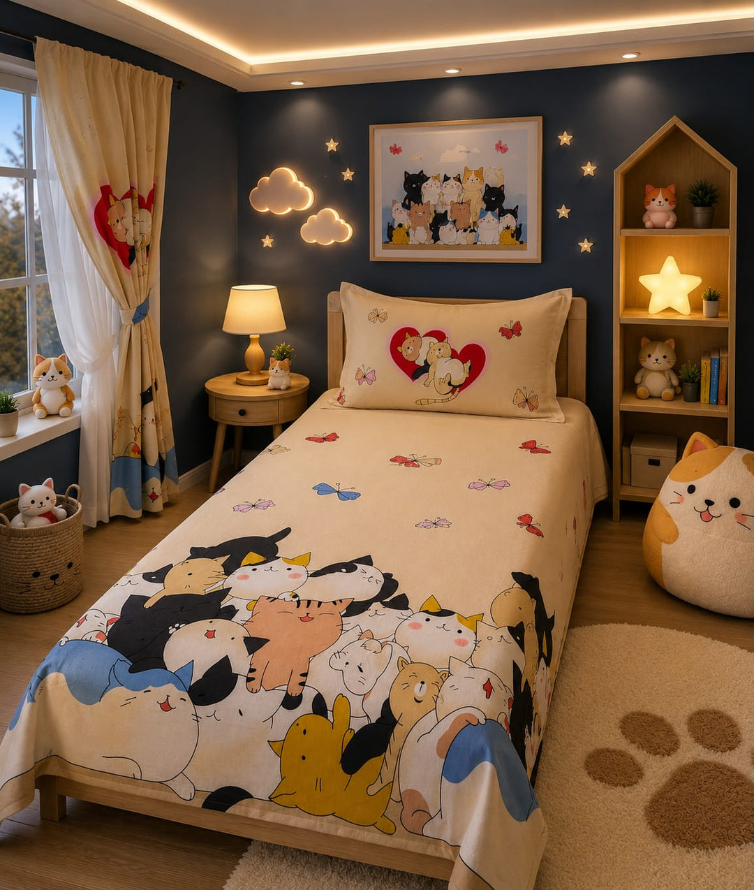 Cream kids single bed sheet with striped cats, hearts and butterfly print