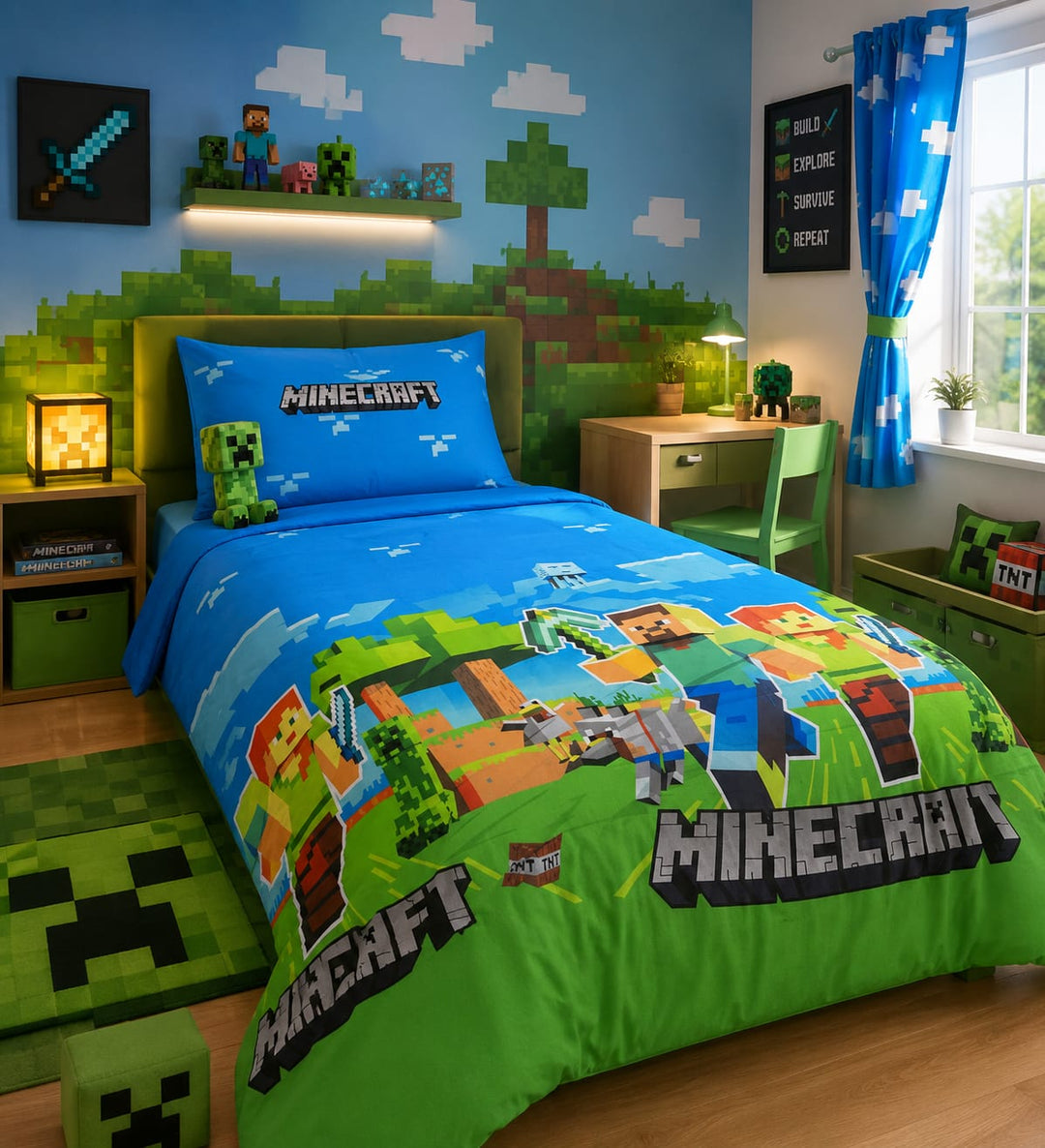 Blue kids single bed sheet with blocky pixelated world print