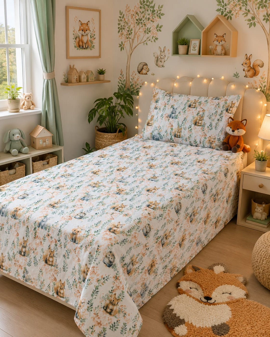 Sage green kids single bed sheet with fox, bunny, squirrel and foliage print