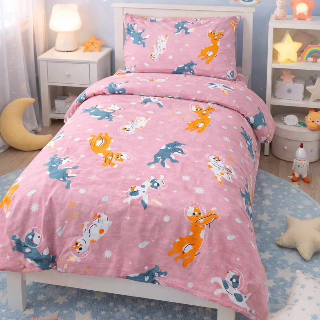 Soft pink kids single bed sheet with astronaut cat and dog print among stars