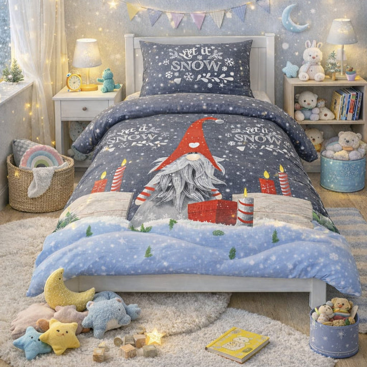 Deep blue kids single bed sheet with gnome, candles and snowy hill print