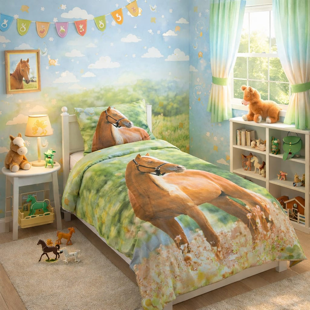 Green and brown kids single bed sheet with a galloping chestnut horse