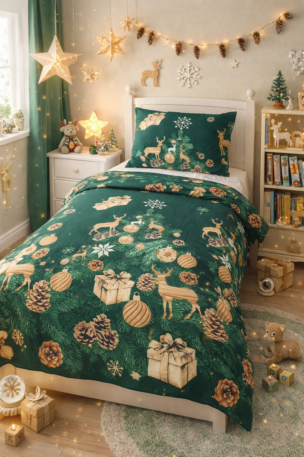 Forest green kids single bed sheet with golden reindeer and pinecone print