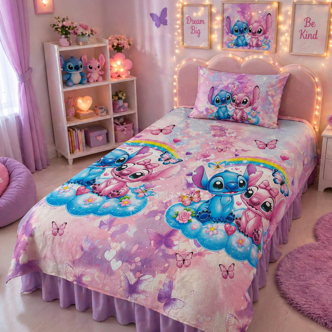 Lavender kids single bed sheet with rainbow, heart and butterfly print