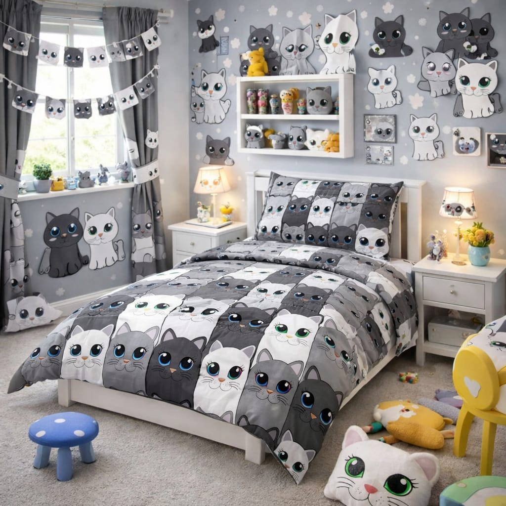 Black, white and grey checkerboard kids single bed sheet with large-eyed cats