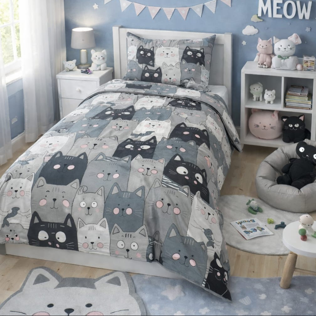 Blue-grey kids single bed sheet with stacked cat faces and Meow lettering