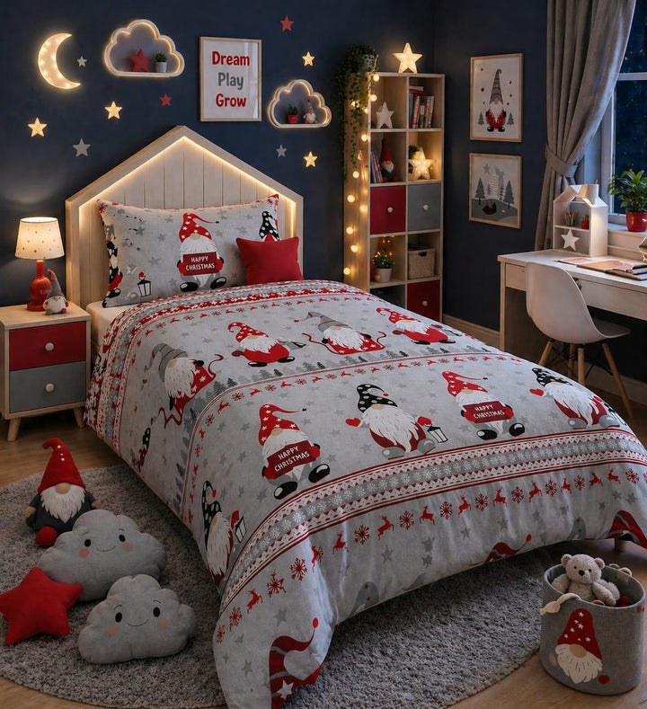 Grey and red kids single bed sheet with Christmas gnome and reindeer print