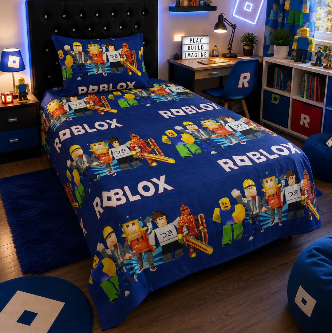 Navy kids single bed sheet with bright blocky game character print