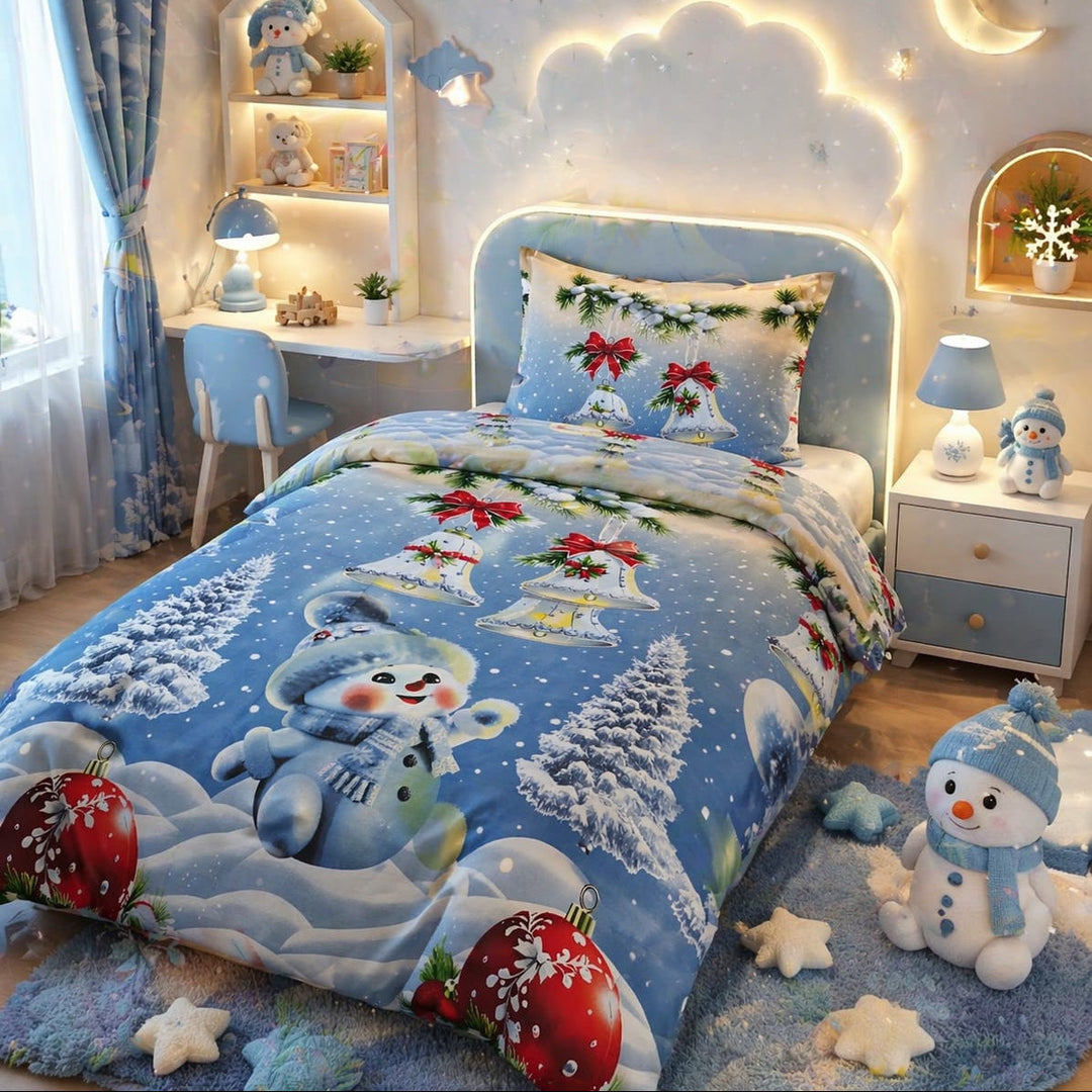 Winter blue kids single bed sheet with snowman, jingle bell and pine print
