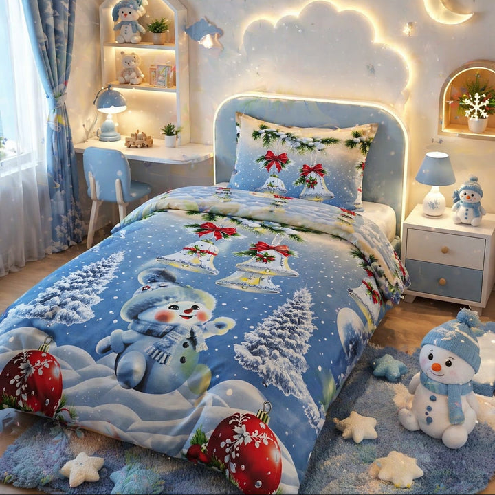 Winter blue kids single bed sheet with snowman, jingle bell and pine print