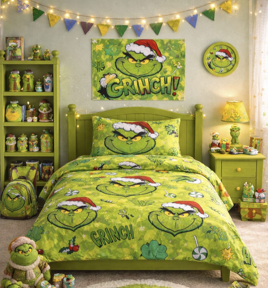 Vibrant green kids single bed sheet with a large poster-style character panel