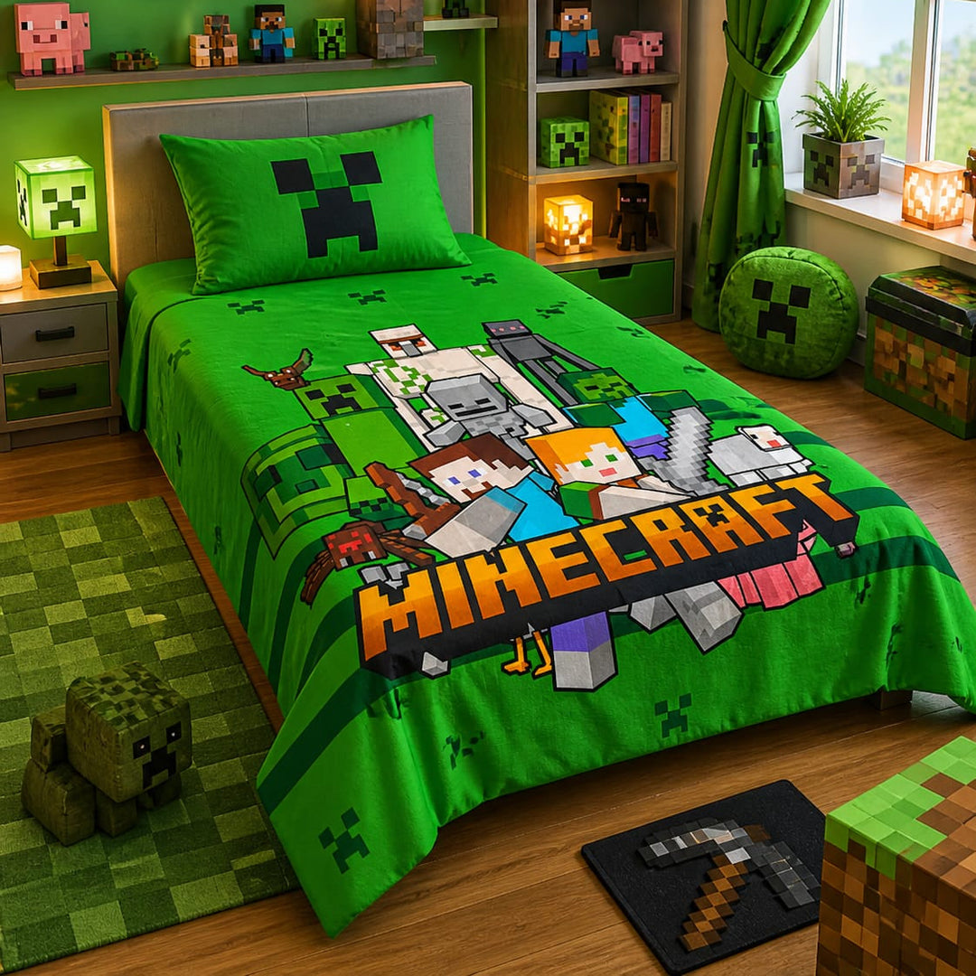 Green kids single bed sheet with bold blocky world and character print