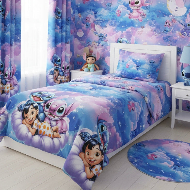Purple and blue galaxy kids single bed sheet with star and cloud print