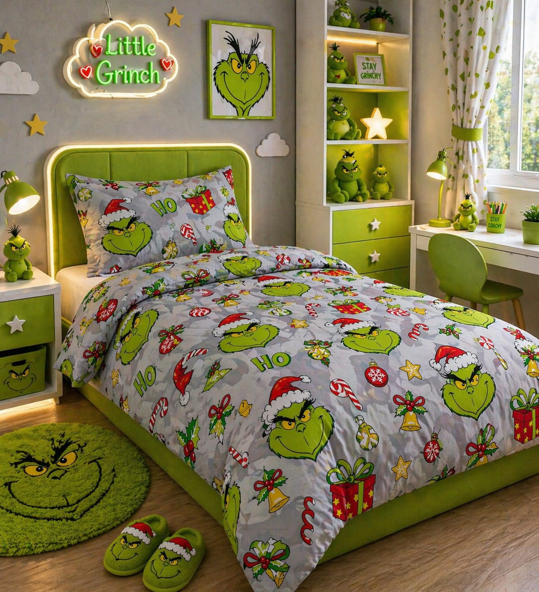 Grey camouflage-style kids single bed sheet with Santa hat, candy and gift print