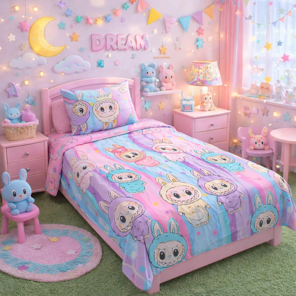Pastel pink, blue and purple kids single bed sheet with hooded monster characters